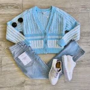 Autumn Cashmere Light Blue and White Crochet Cartigan Sweater Soft